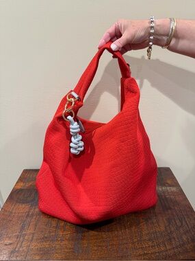 Sondra Roberts Red Textured Hobo Bag with Gray Knot Accent